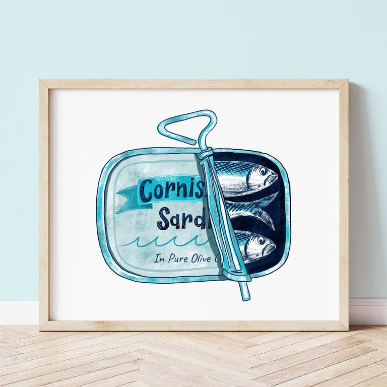 Cornish Sardines in a Tin A4 Art Print, Cornwall Art Print 