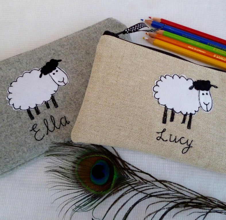 Sheep Personalised Pencil Case - Custom Pen Pouch in Grey Tweed or Linen