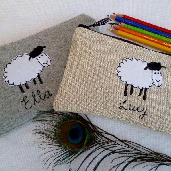 Sheep Personalised Pencil Case - Custom Pen Pouch in Grey Tweed or Linen