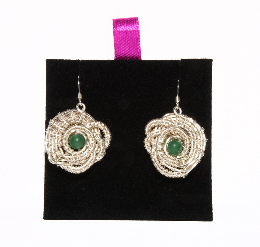 Wire wrapped Green Jade stone earrings