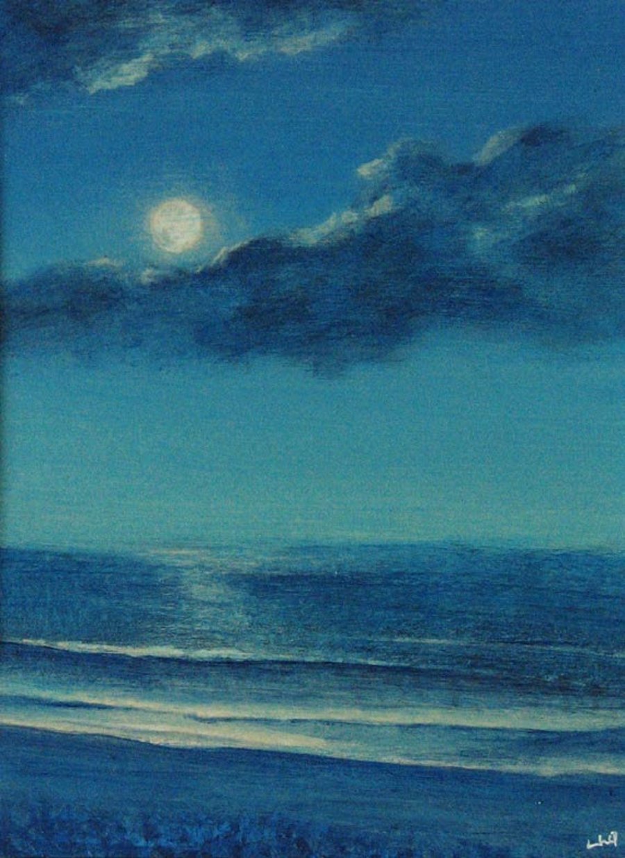 Beach, ocean moon night original acrylic painting - Mid Summer's Night seaside