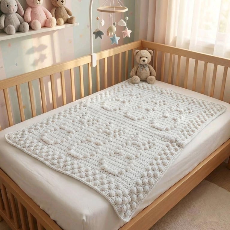 White Crocheted Baby Blanket with Bunny Detail, Baby Shower Gift, New Baby Gift