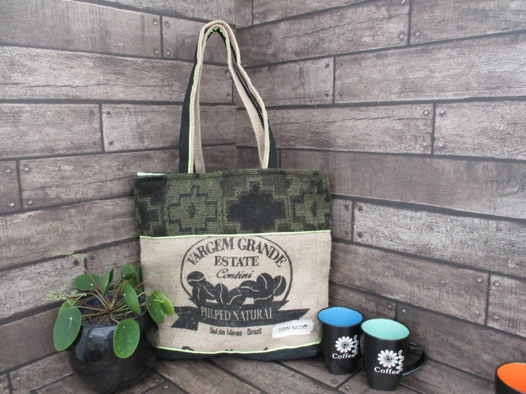 Eco Tote Bag - Handmade from Upcycled Materials -Green and Black Pattern