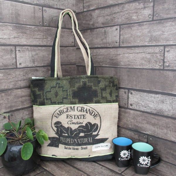 Eco Tote Bag - Handmade from Upcycled Materials -Green and Black Pattern