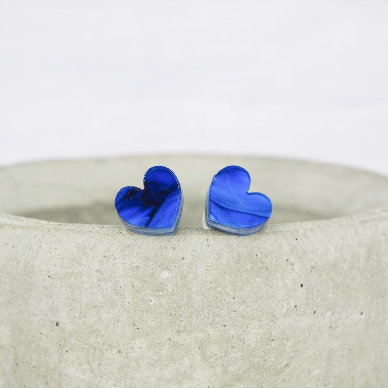 Titanium ear wire - Dark blue pearly acrylic small heart stud earrings