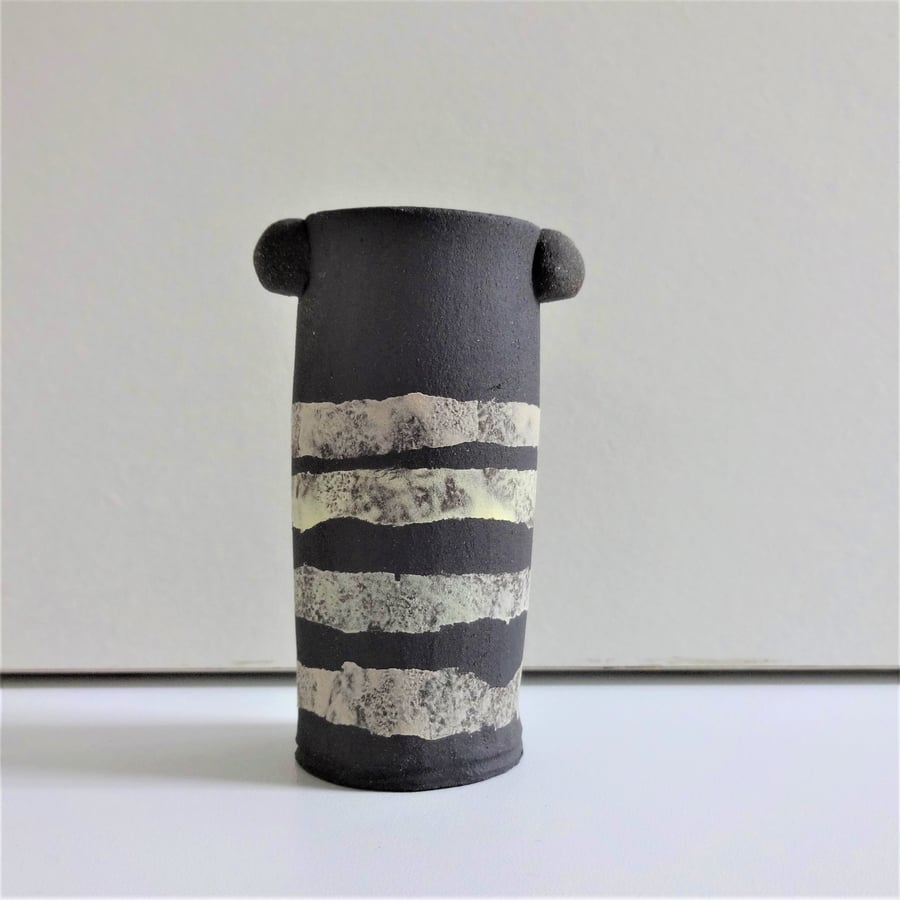 Small black ceramic bud vase, bands and stripes in lemon and grey, modern, fresh