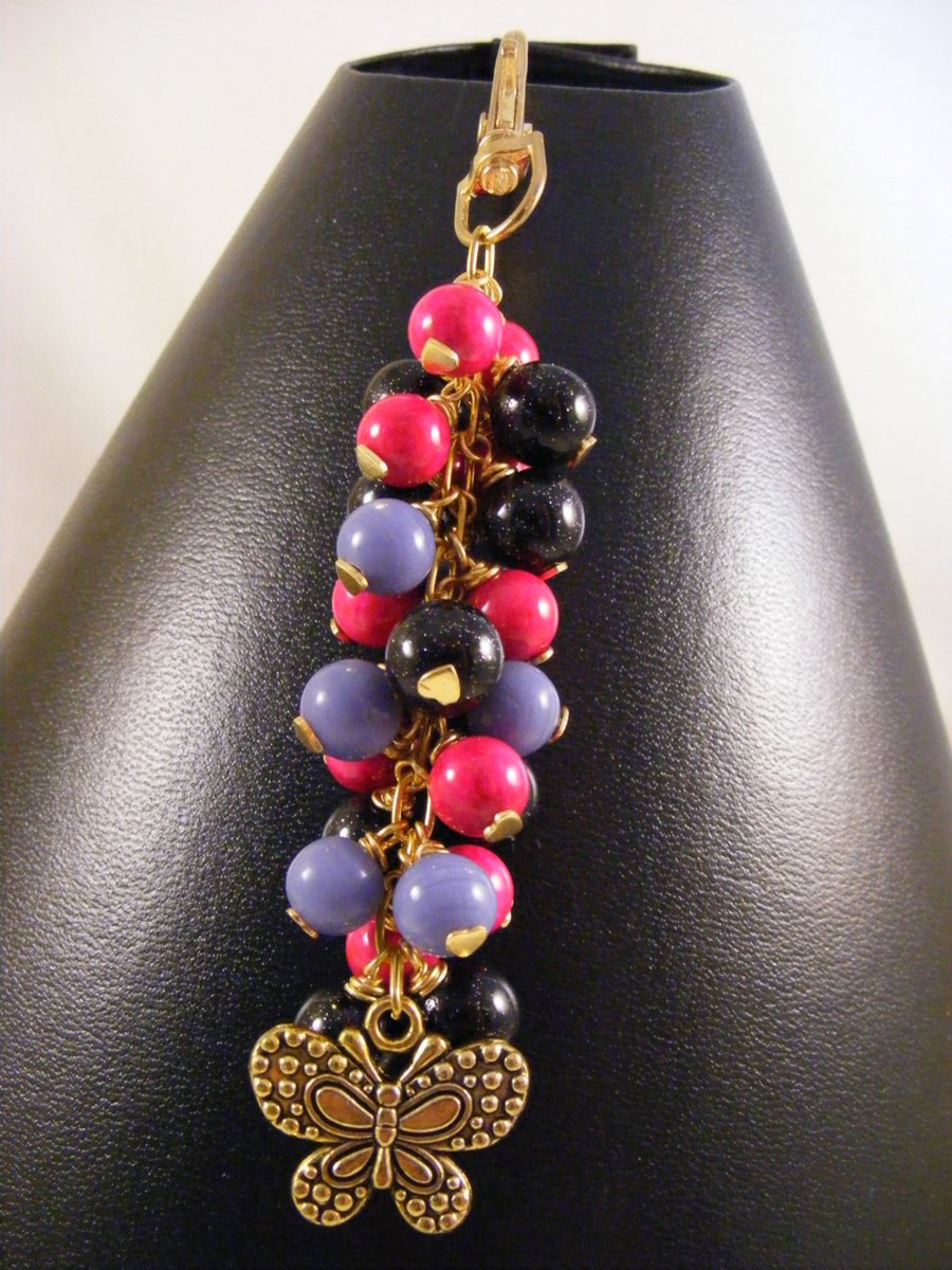 Black, Purple and Pink Butterfly Bag Charm.