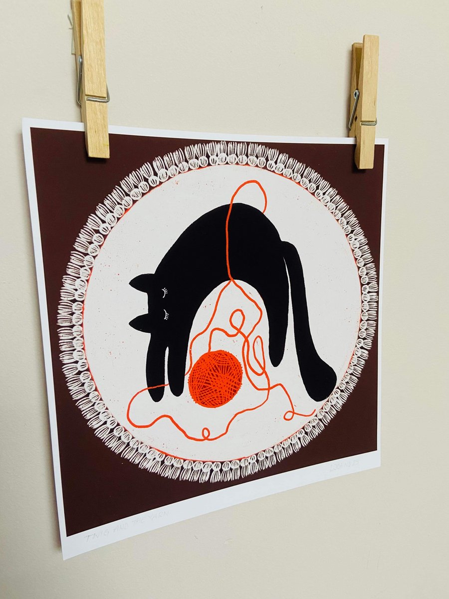 Art print illustration wall art black cat playing with yarn