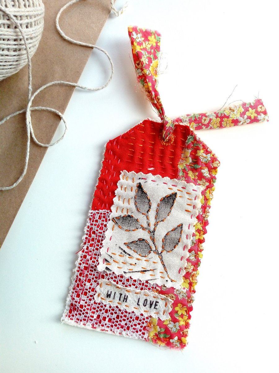 Fabric Gift Tag Bookmark with Printed Leaf Collage and Love Sentiment