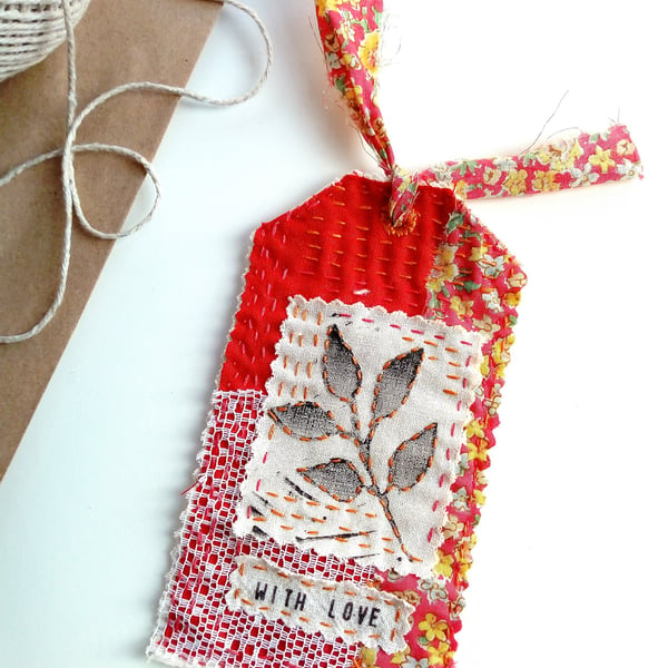 Fabric Gift Tag Bookmark with Printed Leaf Collage and Love Sentiment
