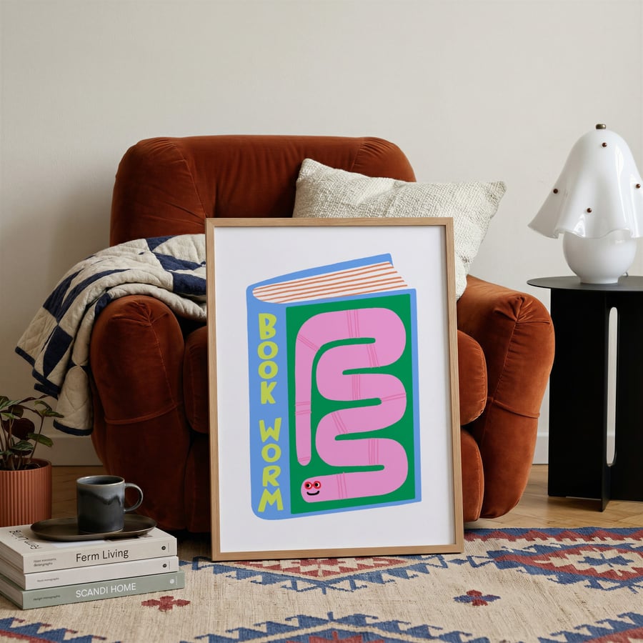 Book Worm Art Print Home Decor, Book Nook Reading Children's Art Print ...
