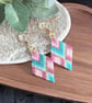 Pink and Blue Geometric Chevron Beadwork Earrings - Image 2