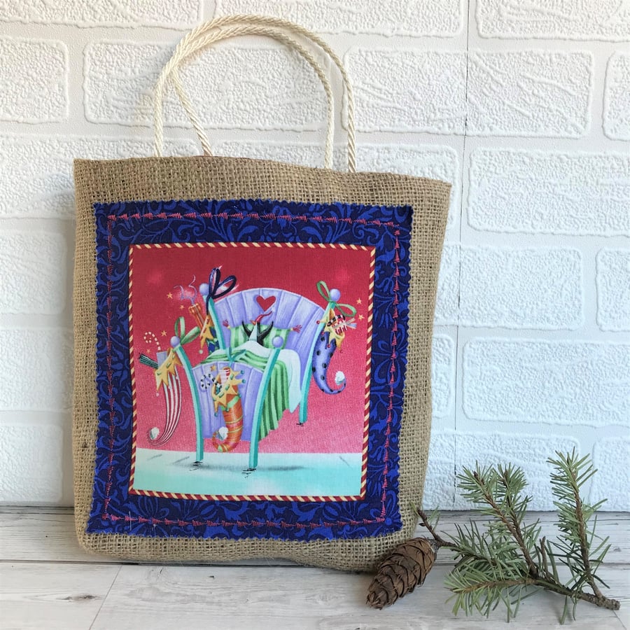 SOLD - Christmas gift bag in hessian with fabric panel, penguin in bed