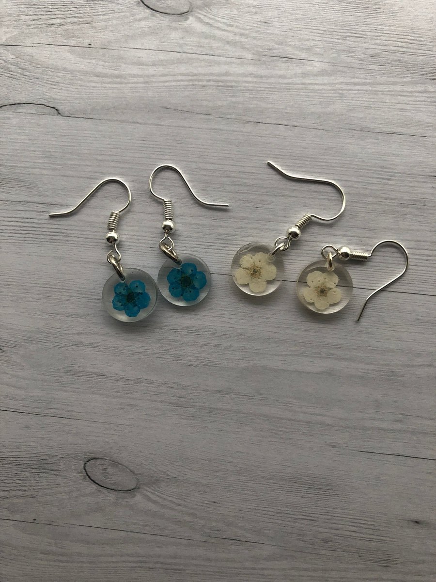 Dainty flower earrings real pressed flowers blue or white flower earrings on a s