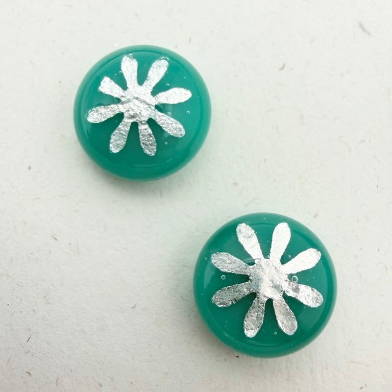 Green Fused Glass Fine Silver Flower Stud Earrings