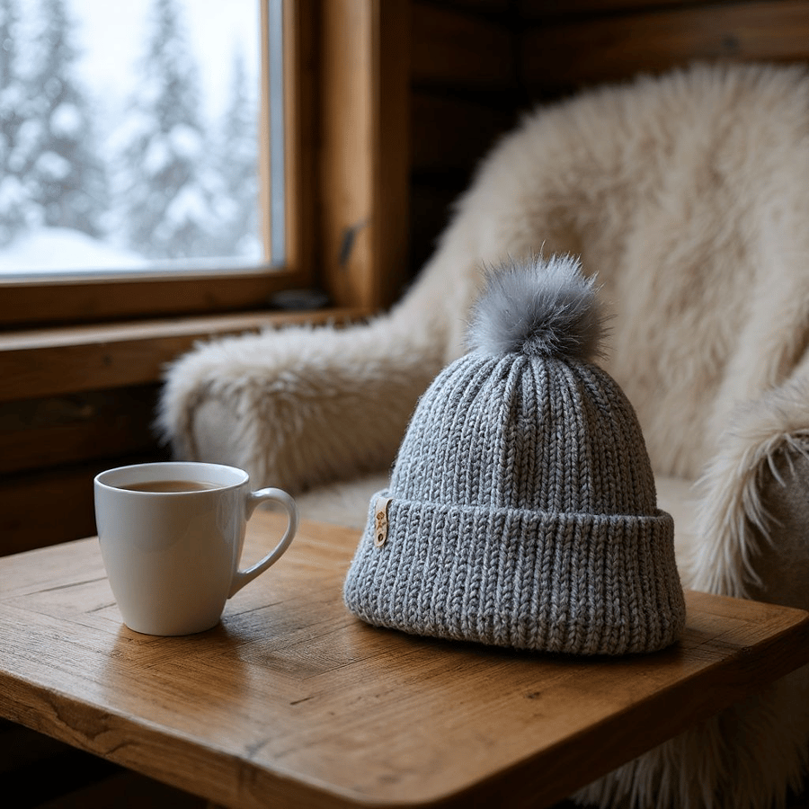 Knitted pompom hat,  small Adult or teanage,  in grey