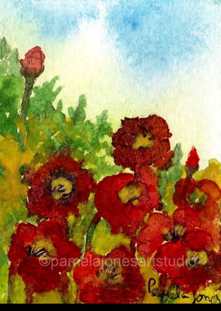 Aceo Red Poppies, Original Watercolour Aceo, Miniature Art, 2.5 x 3.5'' 