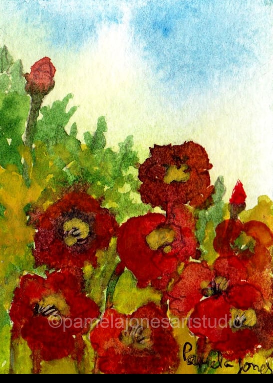 Aceo Red Poppies, Original Watercolour Aceo, Miniature Art, 2.5 x 3.5'' 