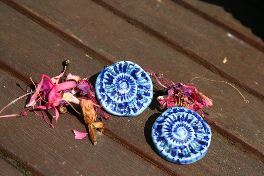 Handmade ceramic Ammonite blue glaze brooch 