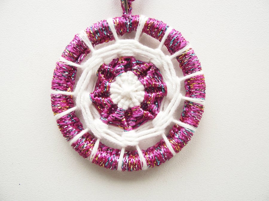 Christmas Decoration, Dorset Button, Pink Lurex, White, Handmade