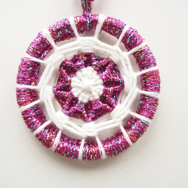 Christmas Decoration, Dorset Button, Pink Lurex, White, Handmade