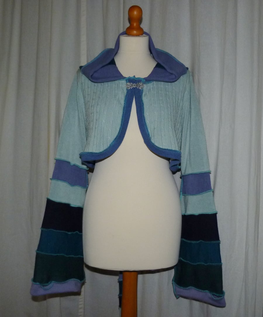  Upcycled Shrug with Long Hood and Bell Bottom Sleeves in Greens and Blues