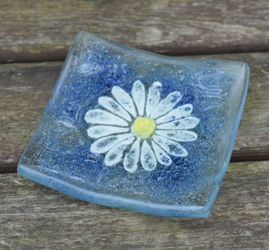 Blue Bubbly Daisy Trinket Dish - Birthday, Jewellery, Dressing Table
