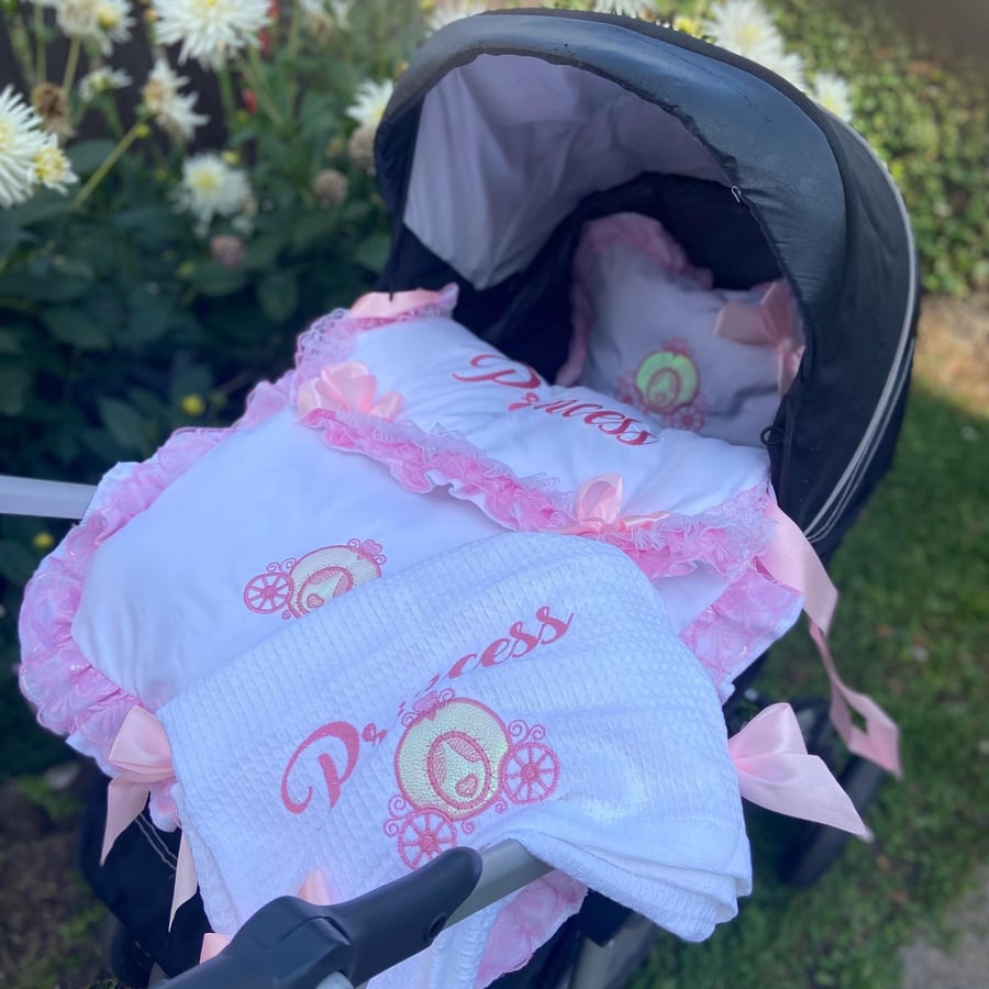 Pram top cover and decorative pillow or car seat set 