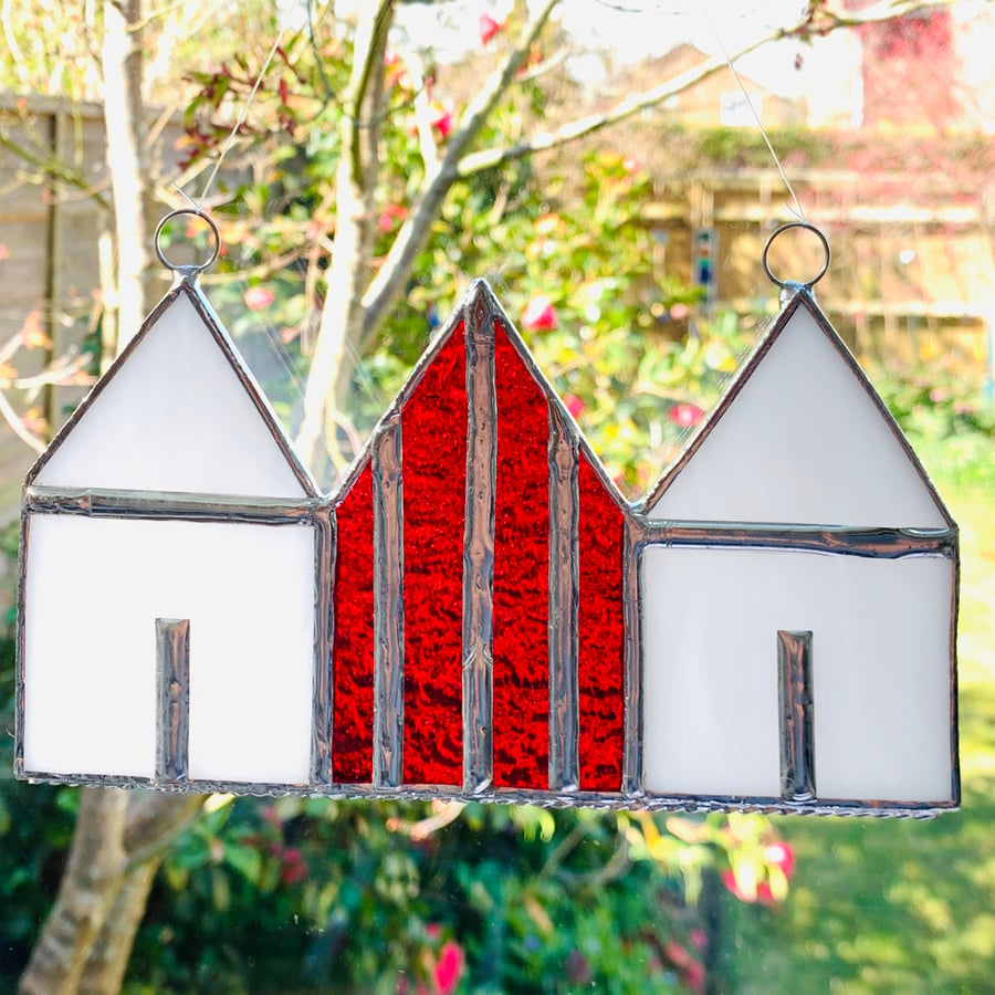Stained Glass Suncatcher Beach Huts - Handmade Hanging Decoration - Red White