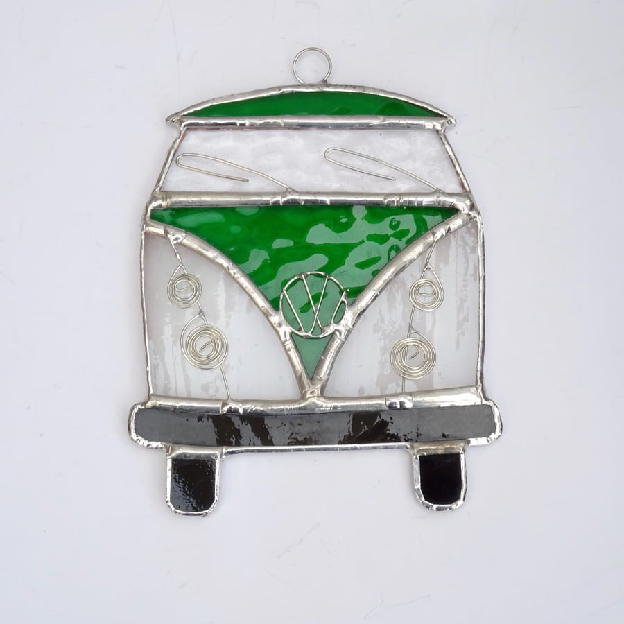Stained Glass Camper Van Suncatcher - Handmade Decoration Green and White