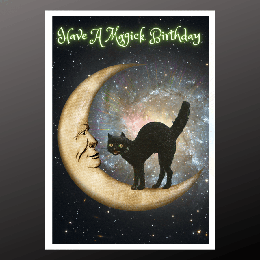 Moon Cat Have A Magick Birthday Card Personalised Seeded Option Wiccan Pagan