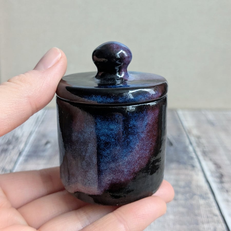 Perfectly imperfect Very small ceramic lidded pot, black blue purple 