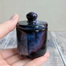 Perfectly imperfect Very small ceramic lidded pot, black blue purple 