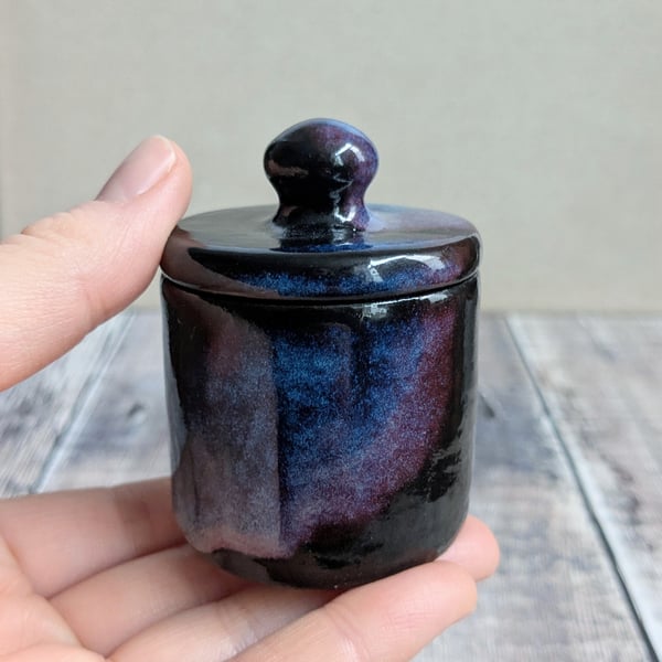 Perfectly imperfect Very small ceramic lidded pot, black blue purple 