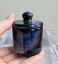 Perfectly imperfect Very small ceramic lidded pot, black blue purple 