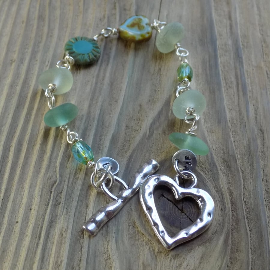 Sea glass and czech bead wire wrapped bracelet
