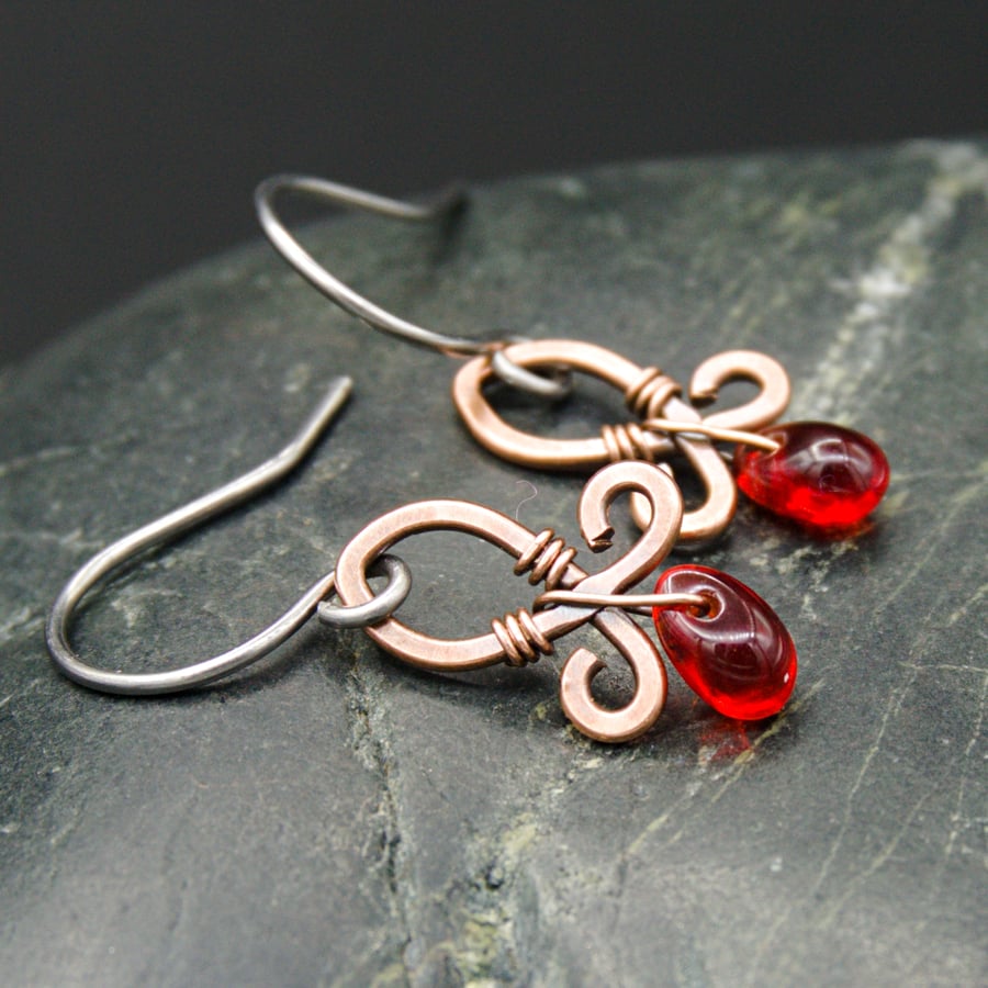 Hammered Copper Wire Earrings with Red Glass Drops