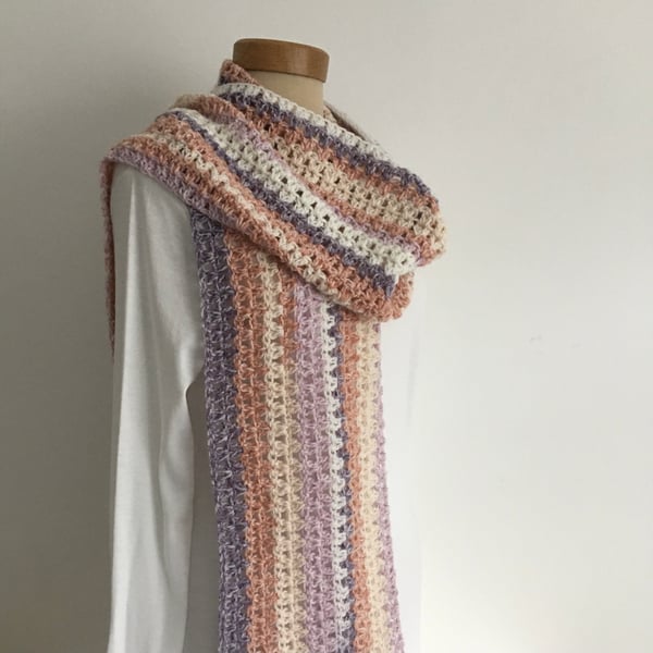  SCARF, neckwarmer. 'Coast Path'  Soft , lightweight alpaca blend . Cream, pink.