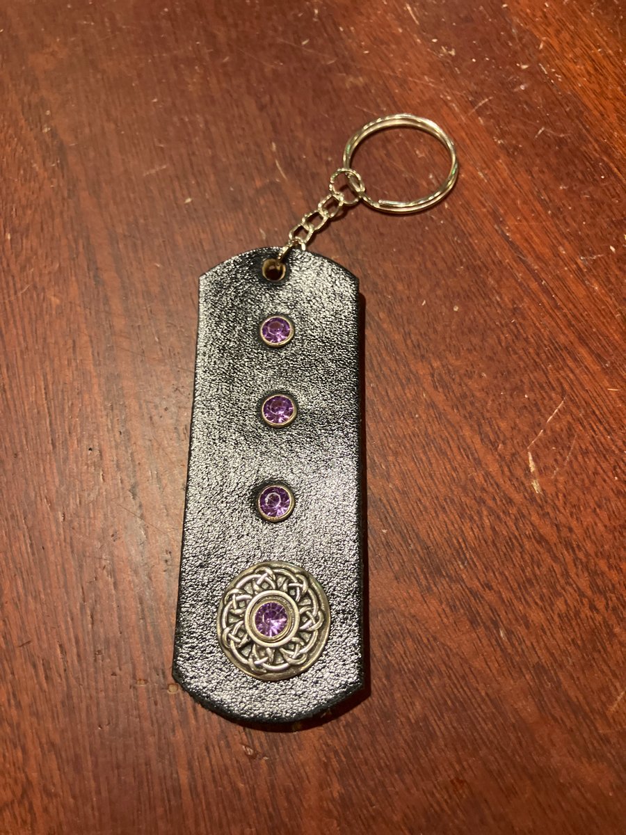 Black dyed Leather Keyring w 4 Purple Gemstones & Celtic Design- FREE SHIPPING