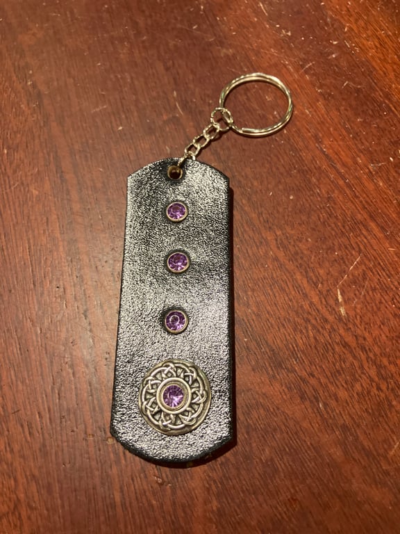 Black dyed Leather Keyring w 4 Purple Gemstones & Celtic Design- FREE SHIPPING