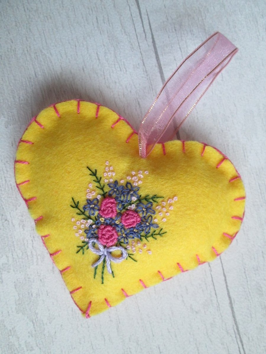 Yellow Felt Heart with Hand Embroidered Bouquet of Flowers