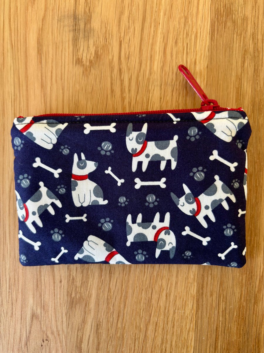 Small zipped fabric pouch, purse, make up bag, navy with fun dog print