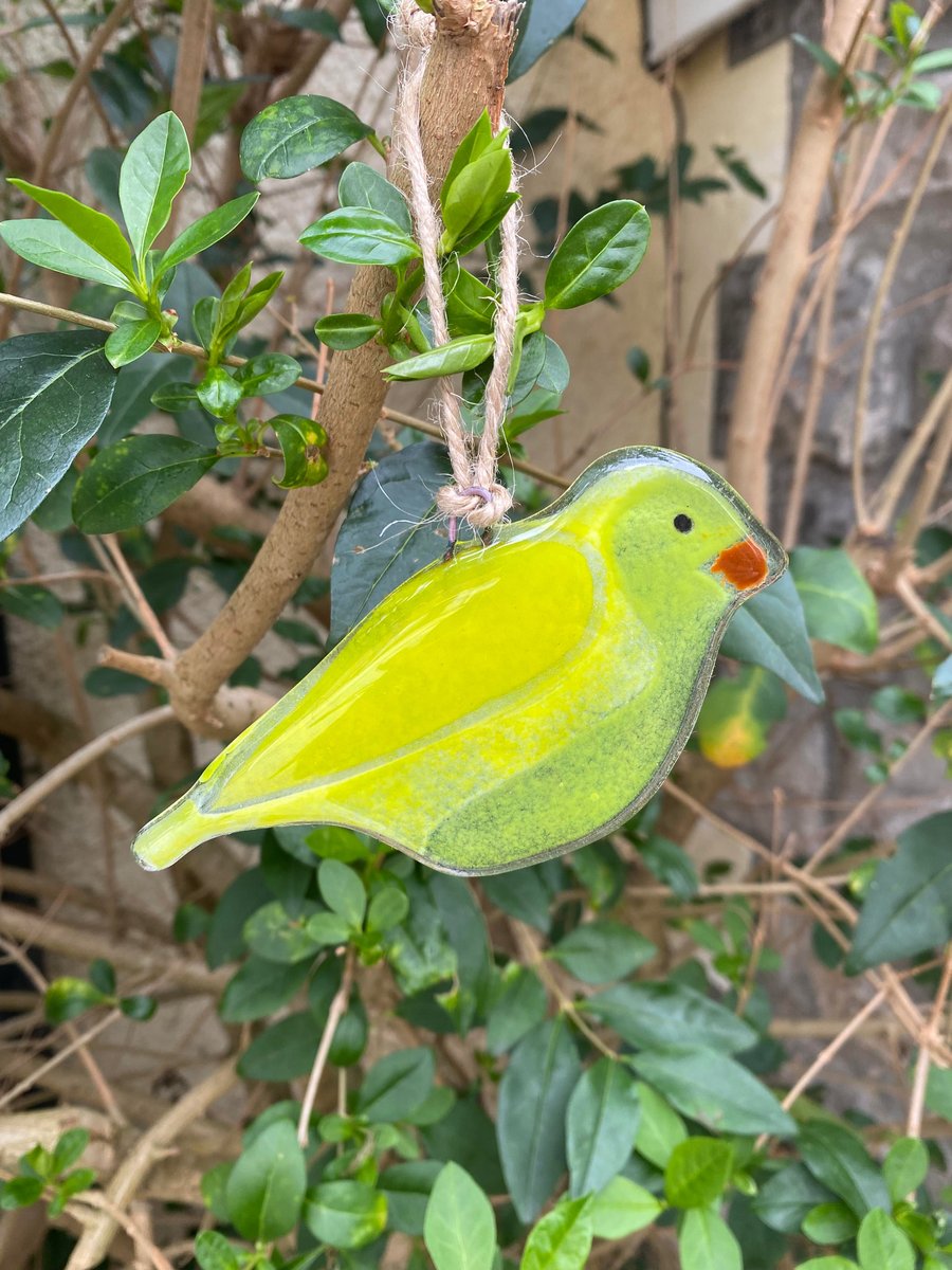 Fused Glass Birds, Green Finch bird lover gift, British bird, hanging bird