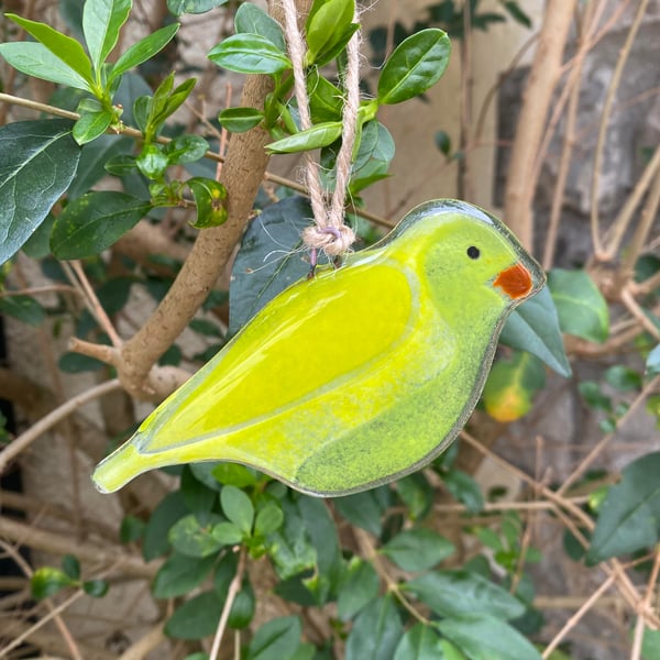 Fused Glass Birds, Green Finch bird lover gift, British bird, hanging bird