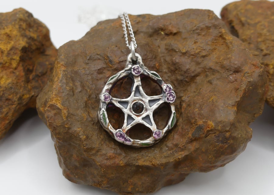 Sterling Silver Pentacle with Roses and Smoky Quartz Pendant Necklace.
