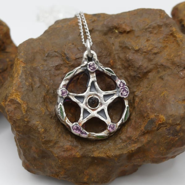 Sterling Silver Pentacle with Roses and Smoky Quartz Pendant Necklace.