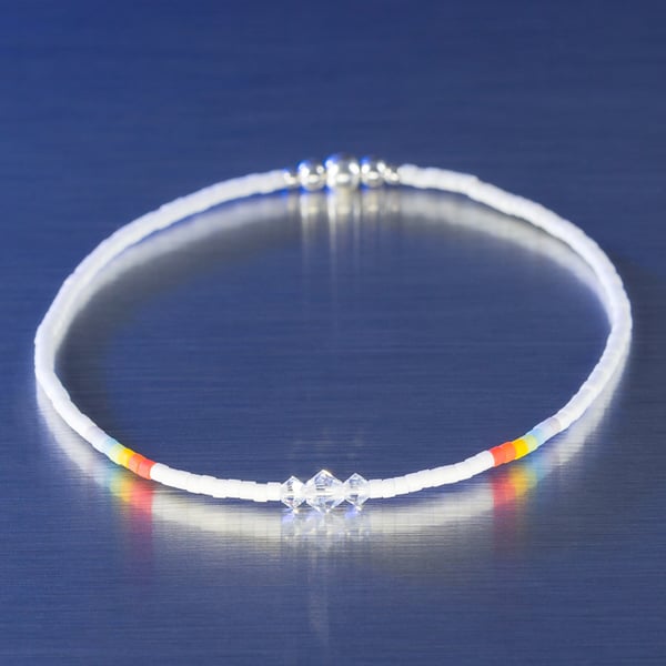 Bracelet rainbow and white minimalist Miyuki bead stretchy handmade