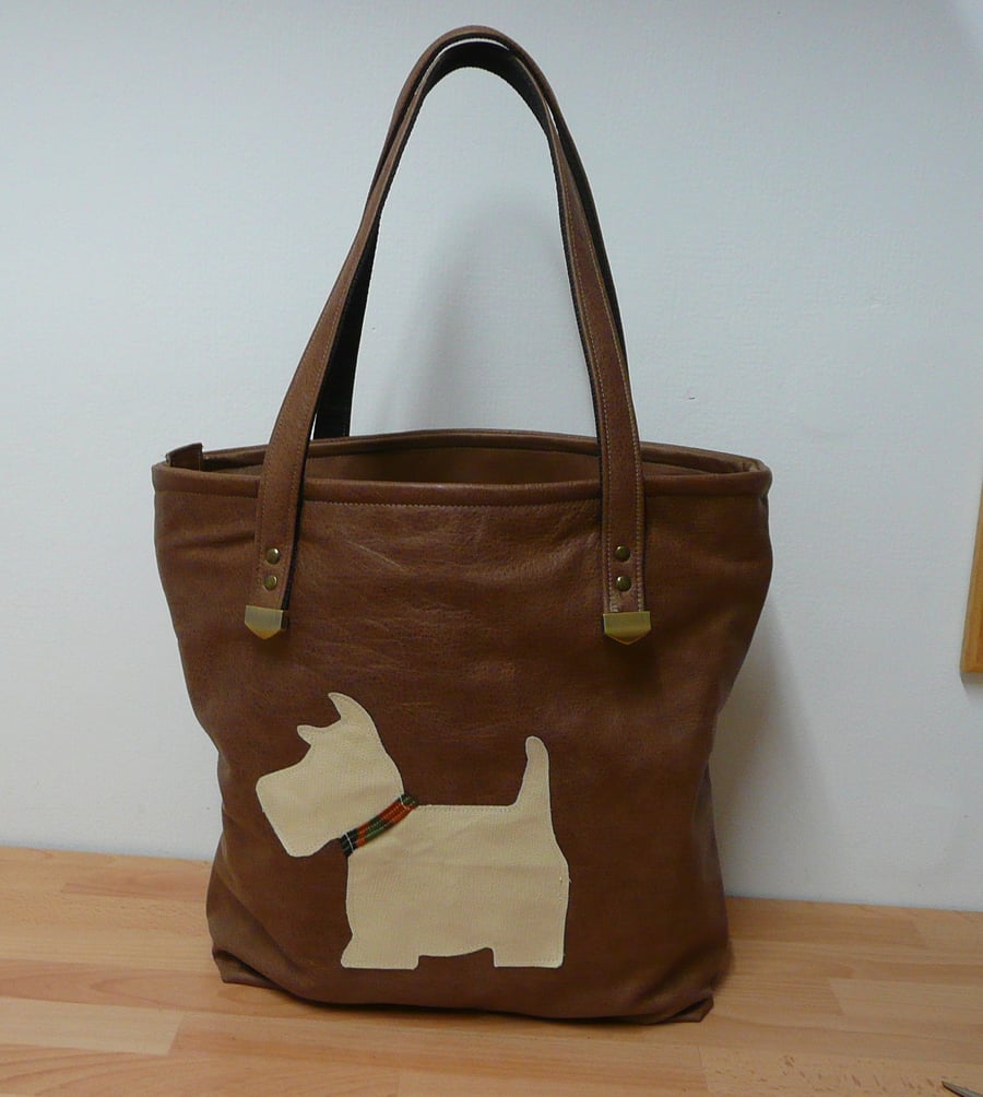 Leather tote bag Scottie dog applique shopping bag brown cream leather book bag