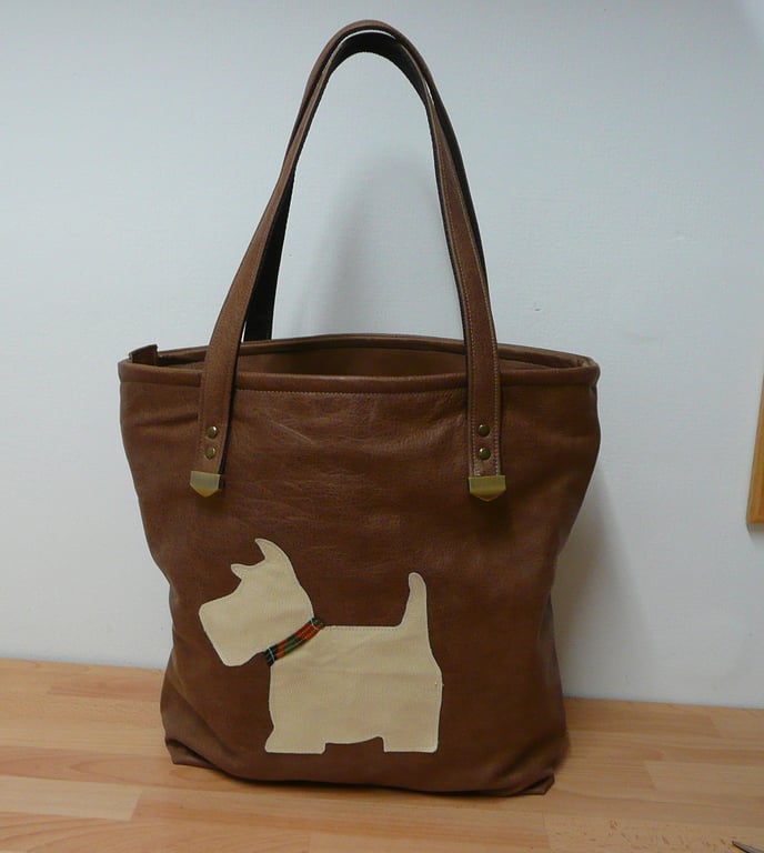 Leather tote bag Scottie dog applique shopping bag brown cream leather book bag