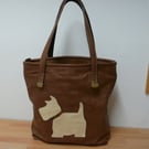 Leather tote bag Scottie dog applique shopping bag brown cream leather book bag